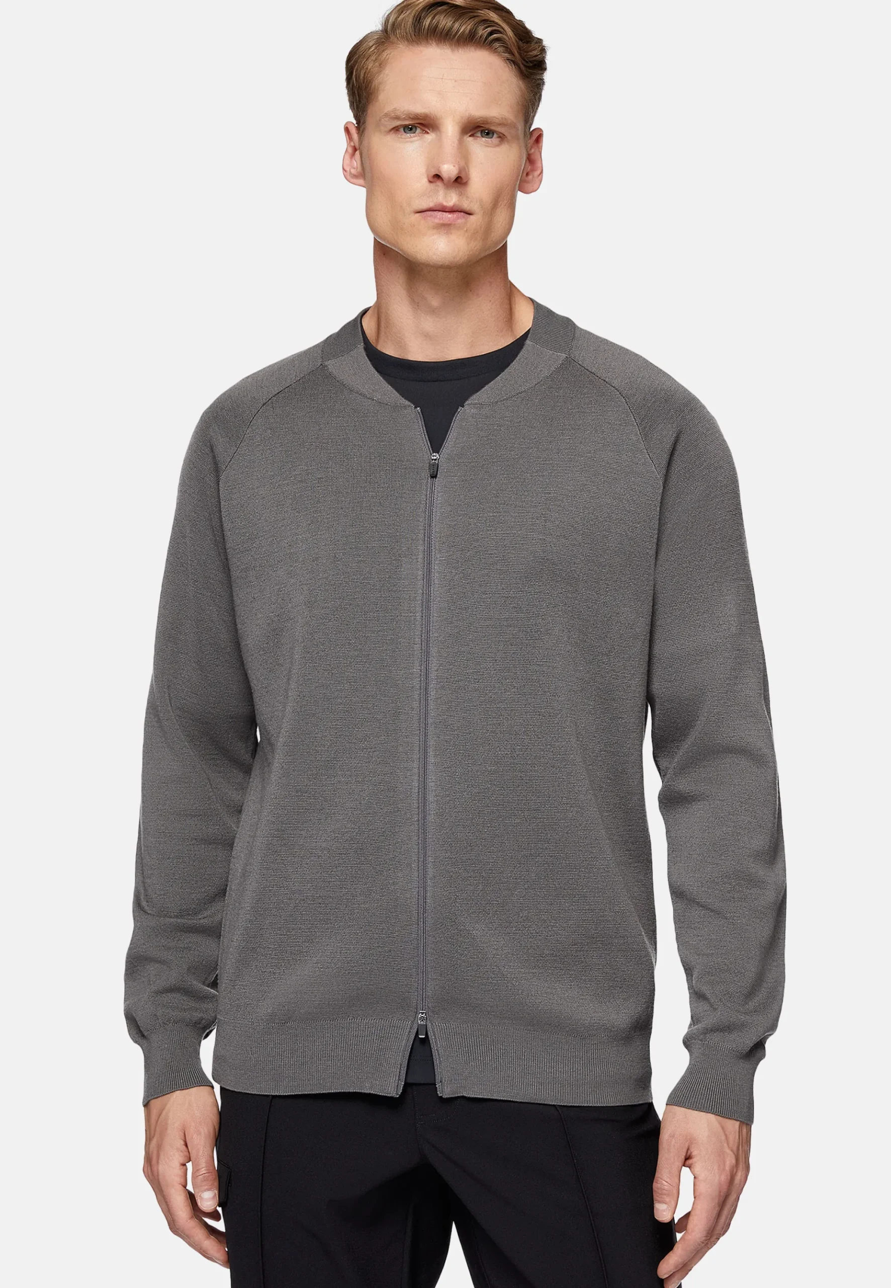 Boggi Milano Bomber Tech Gris Foncé En Maille De Laine Mérinos