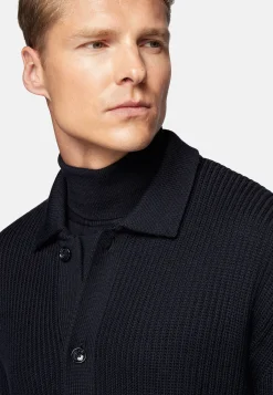 Boggi Milano Cardigan Bleu Marine À Col Chemise En Laine Mérinos