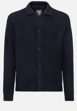 Boggi Milano Cardigan Bleu Marine À Col Chemise En Laine Mérinos