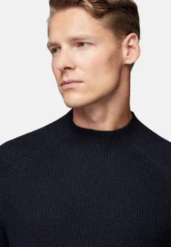 Boggi Milano Pull Col Montant Bleu Marine En Laine Mérinos