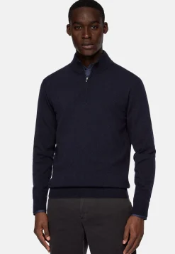 Boggi Milano Pull Demi Zip Bleu Marine En Cachemire Mélangé