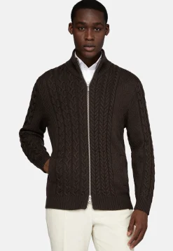 Boggi Milano Pull Full Zip Marron Avec Mélange De Points En Laine Mérinos